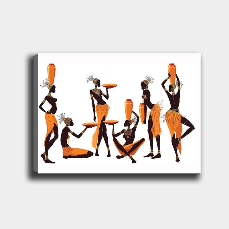 Canvastavla 70x100 cm - Grupp kvinnor i traditionella kläder som bär på kärl och tallrikar, Orange / Svart