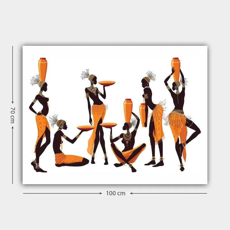 Canvastavla 70x100 cm - Grupp kvinnor i traditionella kläder som bär på kärl och tallrikar - Orange / Svart - Inredning & dekor - Tavlor & konst - Canvastavla