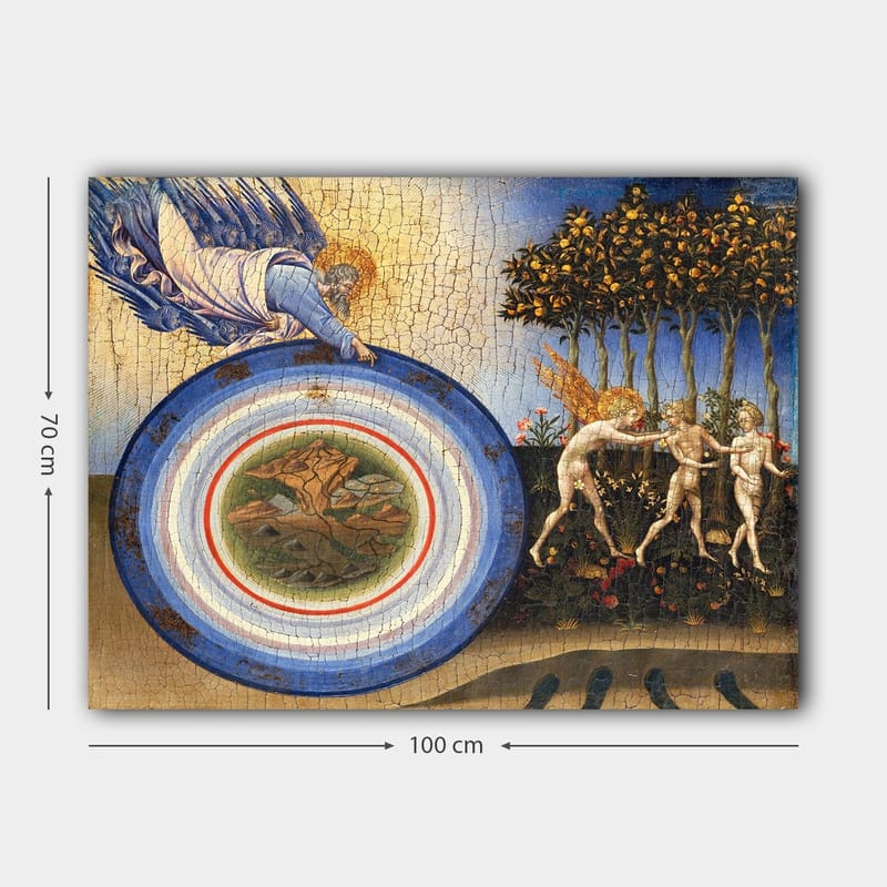 Canvastavla 70x100 cm - Gudomlig figur som sträcker sig mot en cirkel med landskapsmotiv, omgiven av änglar och träd - Blå / Grön / Beige - Inredning & dekor - Tavlor & konst - Canvastavla