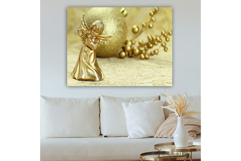 Canvastavla 70x100 cm - Gyllene ängel som spelar flöjt, omgiven av dekorativa element - Guld / Beige - Inredning & dekor - Tavlor & konst - Canvastavla