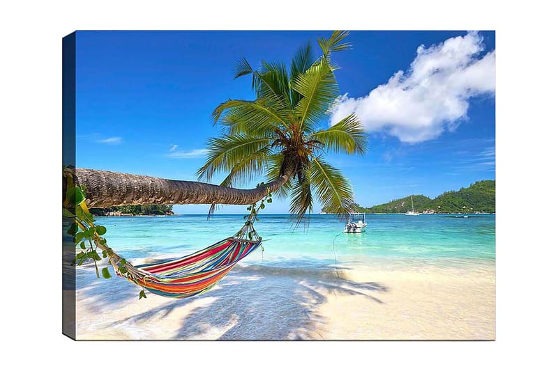 Canvastavla 70x100 cm - Hängmatta mellan palmer vid en tropisk strand med klart blått hav - Grön / Blå / Beige - Inredning & dekor - Tavlor & konst - Canvastavla