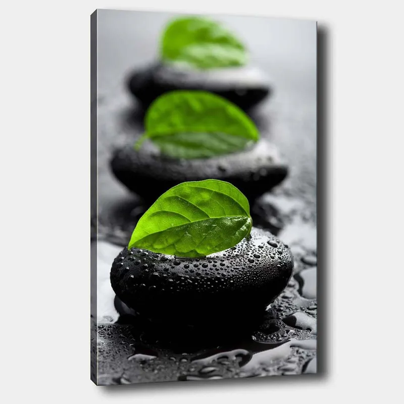 Canvastavla 70x100 cm - Harmonisk komposition av svarta stenar med gröna blad som symboliserar lugn och balans - Svart / Grön - Inredning & dekor - Tavlor & konst - Canvastavla