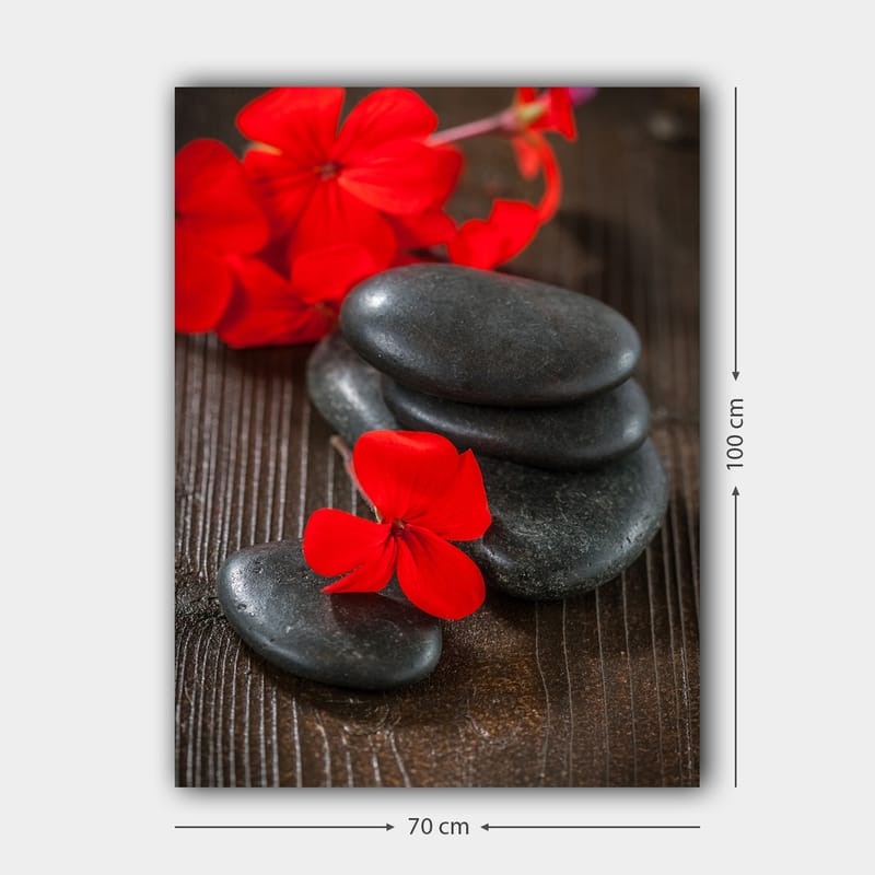 Canvastavla 70x100 cm - Harmonisk komposition av svarta stenar och röda blommor som skapar en kontrasterande och lugn atmosfär - Röd / Svart - Inredning & dekor - Tavlor & konst - Canvastavla