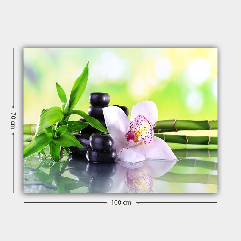 Canvastavla 70x100 cm - Harmonisk komposition med svarta stenar, en vit orkidé och gröna bambuskott - Svart / Grön / Vit - Inredning & dekor - Tavlor & konst - Canvastavla