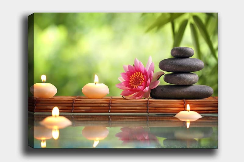 Canvastavla 70x100 cm - Harmonisk sammansättning av stenar, en lotusblomma och ljus som skapar en lugn och avkopplande atmosfär, Rosa / Svart / Beige