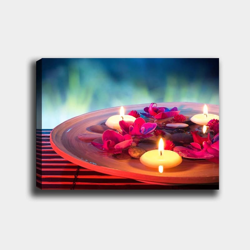 Canvastavla 70x100 cm - Harmonisk skål med flytande blommor och ljus som skapar en lugn atmosfär, Rosa / Vit / Brun