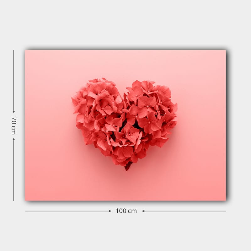Canvastavla 70x100 cm - Hjärtformad komposition av blommor i en romantisk och lekfull stil - Korallröd / Ljusrosa - Inredning & dekor - Tavlor & konst - Canvastavla