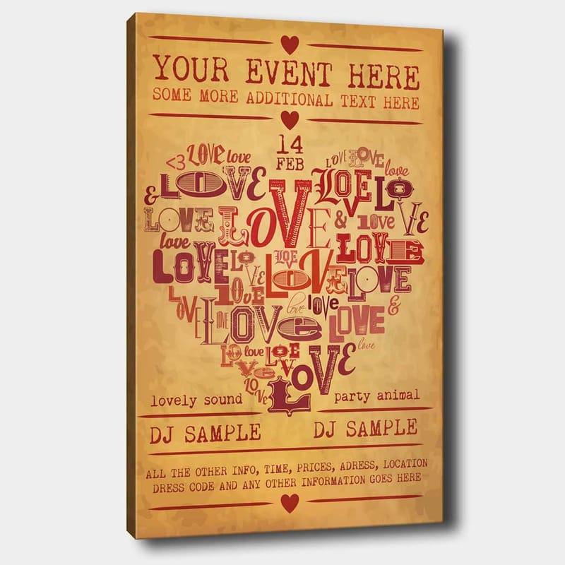 Canvastavla 70x100 cm - Hjärtformad komposition av ord som uttrycker kärlek och romantik - Röd / Mörkröd / Beige - Inredning & dekor - Tavlor & konst - Canvastavla