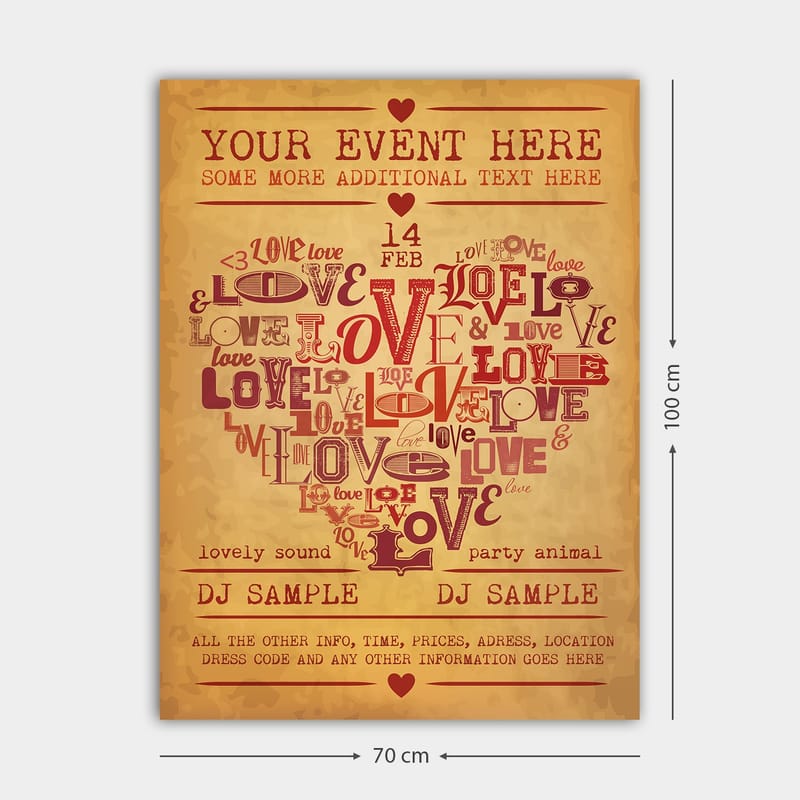 Canvastavla 70x100 cm - Hjärtformad komposition av ord som uttrycker kärlek och romantik - Röd / Mörkröd / Beige - Inredning & dekor - Tavlor & konst - Canvastavla
