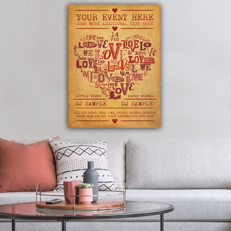 Canvastavla 70x100 cm - Hjärtformad komposition av ord som uttrycker kärlek och romantik - Röd / Mörkröd / Beige - Inredning & dekor - Tavlor & konst - Canvastavla