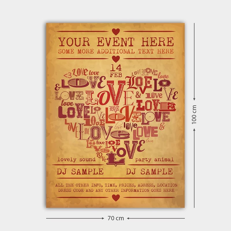 Canvastavla 70x100 cm - Hjärtformad komposition av ord som uttrycker kärlek och romantik - Röd / Mörkröd / Beige - Inredning & dekor - Tavlor & konst - Canvastavla