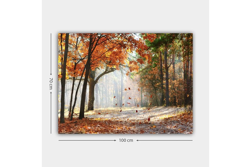 Canvastavla 70x100 cm - Höstskogslandskap med fallande löv i varma färger - Orange / Brun / Grön - Inredning & dekor - Tavlor & konst - Canvastavla