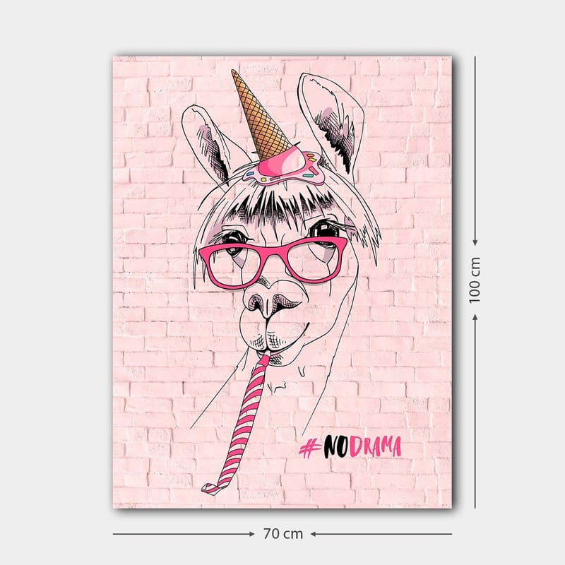 Canvastavla 70x100 cm - Humoristisk illustration av en lama med glasögon och en unicorn-hatt - Rosa / Svart / Vit - Inredning & dekor - Tavlor & konst - Canvastavla