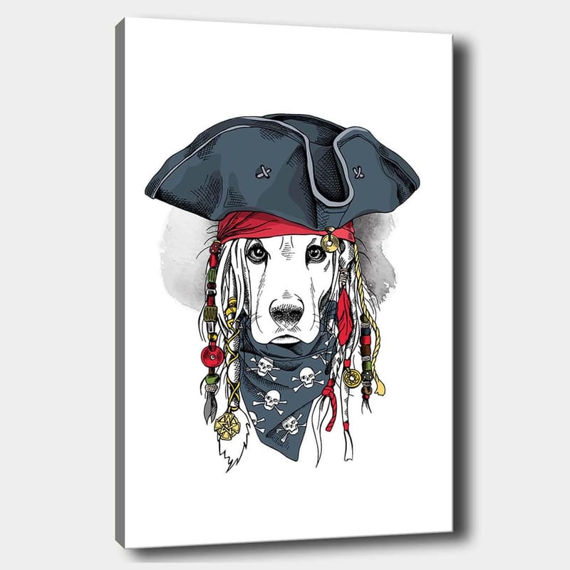 Canvastavla 70x100 cm - Hund klädd som pirat med hatt och bandana, Svart / Röd / Blå