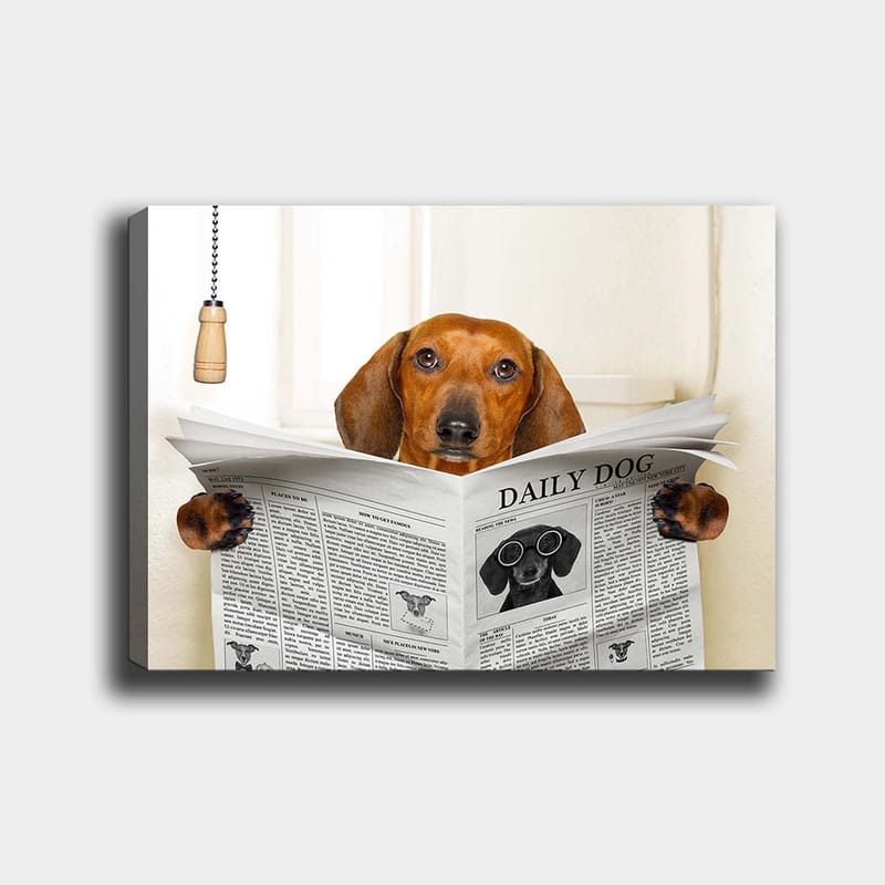 Canvastavla 70x100 cm - Hund som läser tidningen Daily Dog med ett nyfiket uttryck - Brun / Svart - Inredning & dekor - Tavlor & konst - Canvastavla