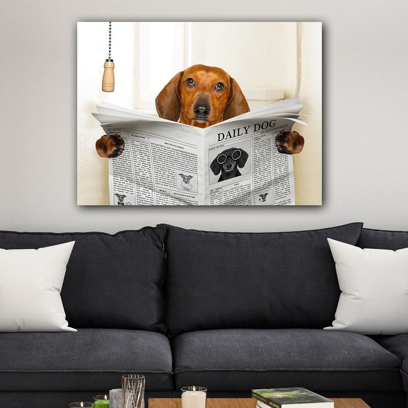 Canvastavla 70x100 cm - Hund som läser tidningen Daily Dog med ett nyfiket uttryck - Brun / Svart - Inredning & dekor - Tavlor & konst - Canvastavla