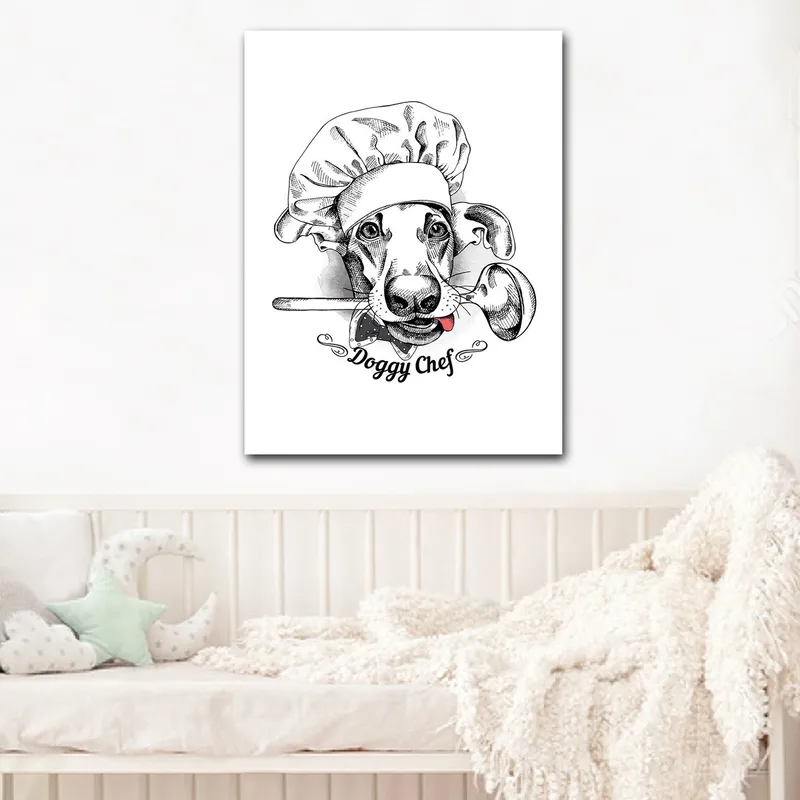 Canvastavla 70x100 cm - Hundklädd kock med en sked i munnen - Svart / Vitt / Grått - Inredning & dekor - Tavlor & konst - Canvastavla