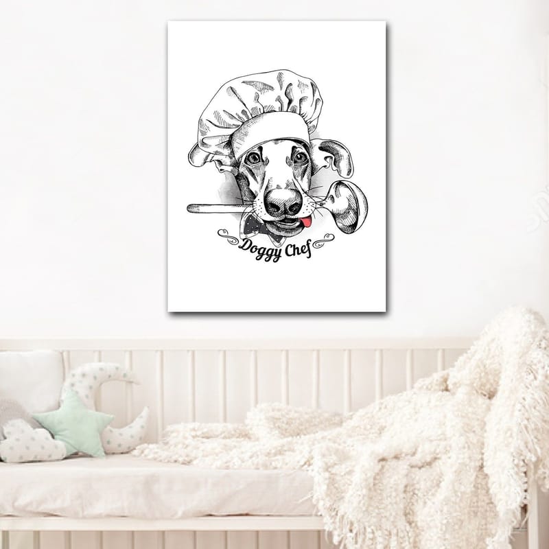 Canvastavla 70x100 cm - Hundklädd kock med en sked i munnen, Svart / Vitt / Grått