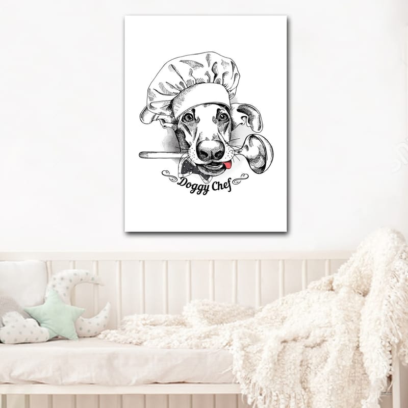 Canvastavla 70x100 cm - Hundklädd kock med en sked i munnen - Svart / Vitt / Grått - Inredning & dekor - Tavlor & konst - Canvastavla
