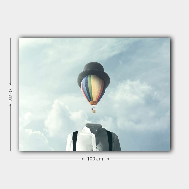 Canvastavla 70x100 cm - Huvudlös man i vit skjorta och svart hatt, med en färgglad luftballong svävande ovanför - Vit / Svart / Regnbågsfärgad - Inredning & dekor - Tavlor & konst - Canvastavla
