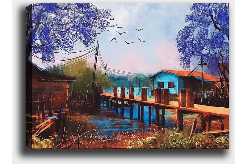 Canvastavla 70x100 cm - Idyllisk landskapsmålning med en brygga som sträcker sig över en stilla vattenyta, omgiven av färgglada hus och träd i lila nyanser - Lila / Blå / Brun - Inredning & dekor - Tavlor & konst - Canvastavla