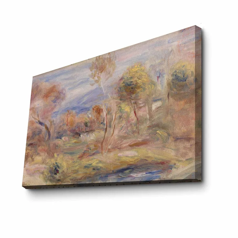 Canvastavla 70x100 cm - Idyllisk landskapsmålning med träd och en spegelblanka sjö i förgrunden - Ljusgrön / Beige / Ljusblå - Inredning & dekor - Tavlor & konst - Canvastavla