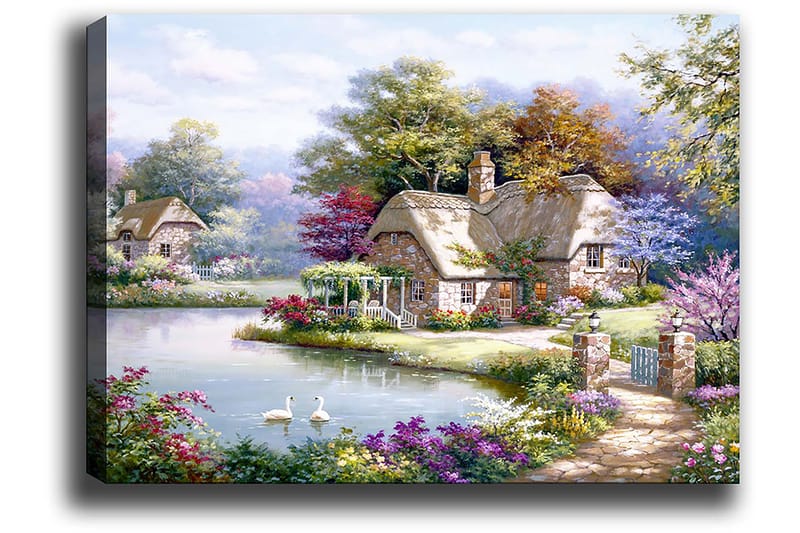 Canvastavla 70x100 cm - Idyllisk landskapsmålning med pittoreska stugor vid en sjö omgiven av blomstrande träd och buskar - Grön / Rosa / Blå - Inredning & dekor - Tavlor & konst - Canvastavla