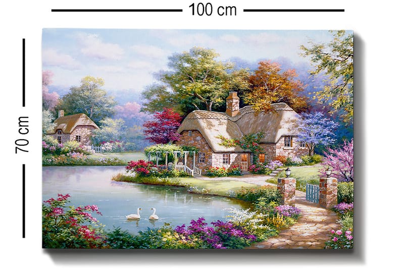 Canvastavla 70x100 cm - Idyllisk landskapsmålning med pittoreska stugor vid en sjö omgiven av blomstrande träd och buskar - Grön / Rosa / Blå - Inredning & dekor - Tavlor & konst - Canvastavla