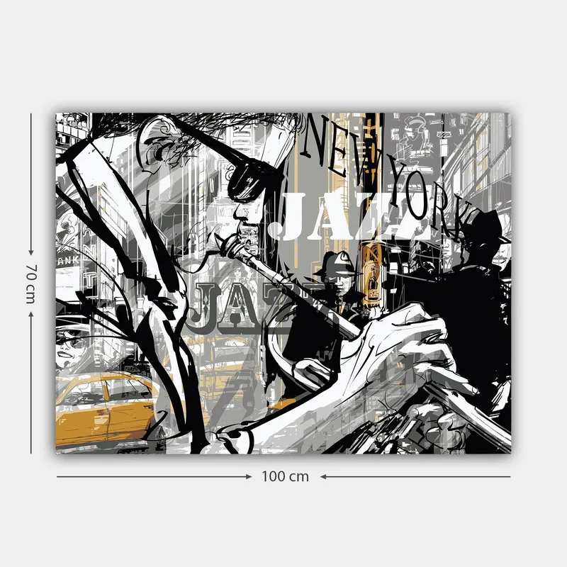 Canvastavla 70x100 cm - Jazzmusiker som spelar trumpet i en livlig stadsbild av New York - Svart / Grå / Gul - Inredning & dekor - Tavlor & konst - Canvastavla