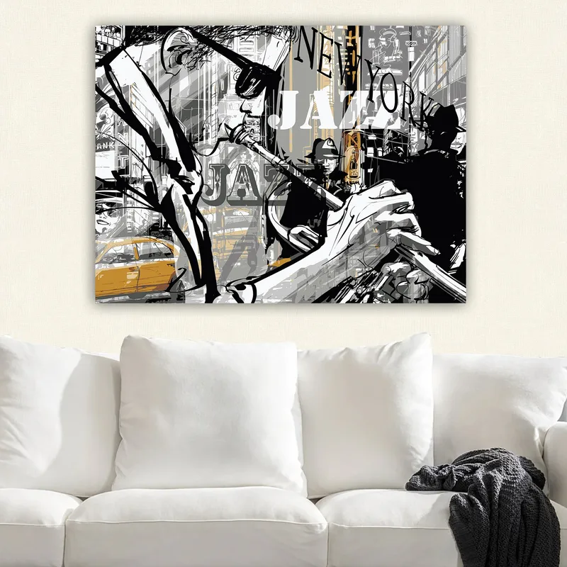 Canvastavla 70x100 cm - Jazzmusiker som spelar trumpet i en livlig stadsbild av New York - Svart / Grå / Gul - Inredning & dekor - Tavlor & konst - Canvastavla