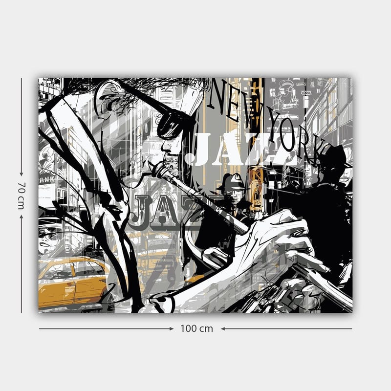 Canvastavla 70x100 cm - Jazzmusiker som spelar trumpet i en livlig stadsbild av New York - Svart / Grå / Gul - Inredning & dekor - Tavlor & konst - Canvastavla