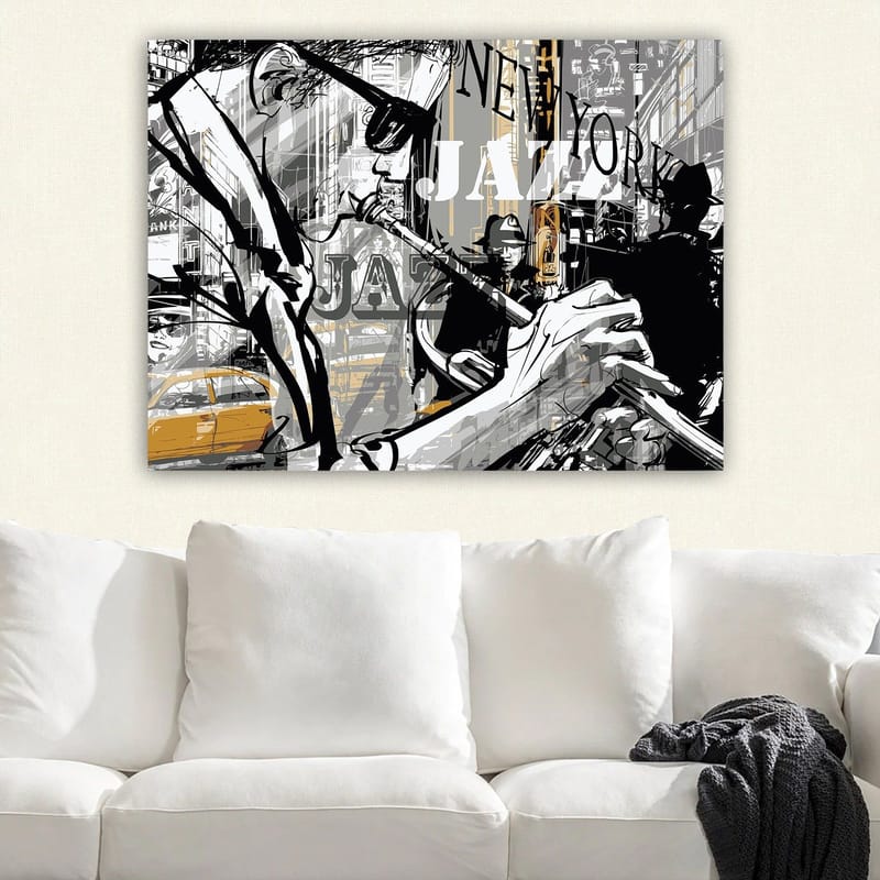 Canvastavla 70x100 cm - Jazzmusiker som spelar trumpet i en livlig stadsbild av New York - Svart / Grå / Gul - Inredning & dekor - Tavlor & konst - Canvastavla