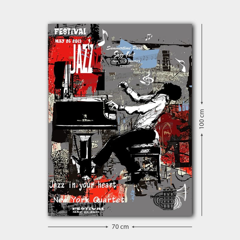 Canvastavla 70x100 cm - Jazzmusiker som spelar piano med stor passion och energi - Röd / Svart / Grå - Inredning & dekor - Tavlor & konst - Canvastavla
