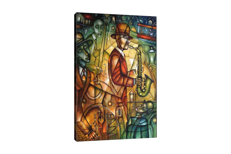 Canvastavla 70x100 cm - Jazzmusiker spelar saxofon omgiven av andra musiker i en livlig atmosfär, Grön / Orange / Brun