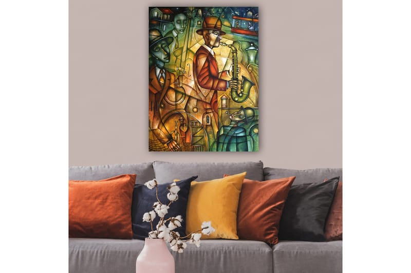 Canvastavla 70x100 cm - Jazzmusiker spelar saxofon omgiven av andra musiker i en livlig atmosfär - Grön / Orange / Brun - Inredning & dekor - Tavlor & konst - Canvastavla