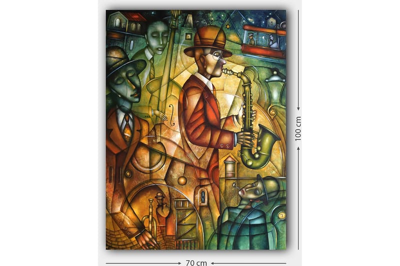 Canvastavla 70x100 cm - Jazzmusiker spelar saxofon omgiven av andra musiker i en livlig atmosfär - Grön / Orange / Brun - Inredning & dekor - Tavlor & konst - Canvastavla