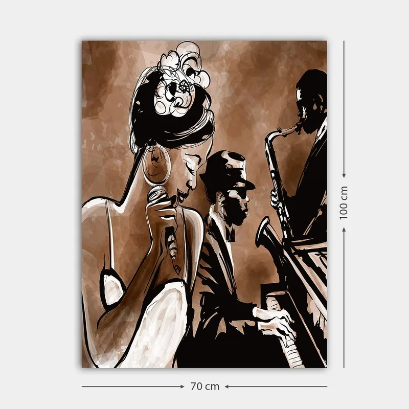 Canvastavla 70x100 cm - Jazzsångerska som framför en låt med musiker i bakgrunden - Brun / Svart / Vit - Inredning & dekor - Tavlor & konst - Canvastavla