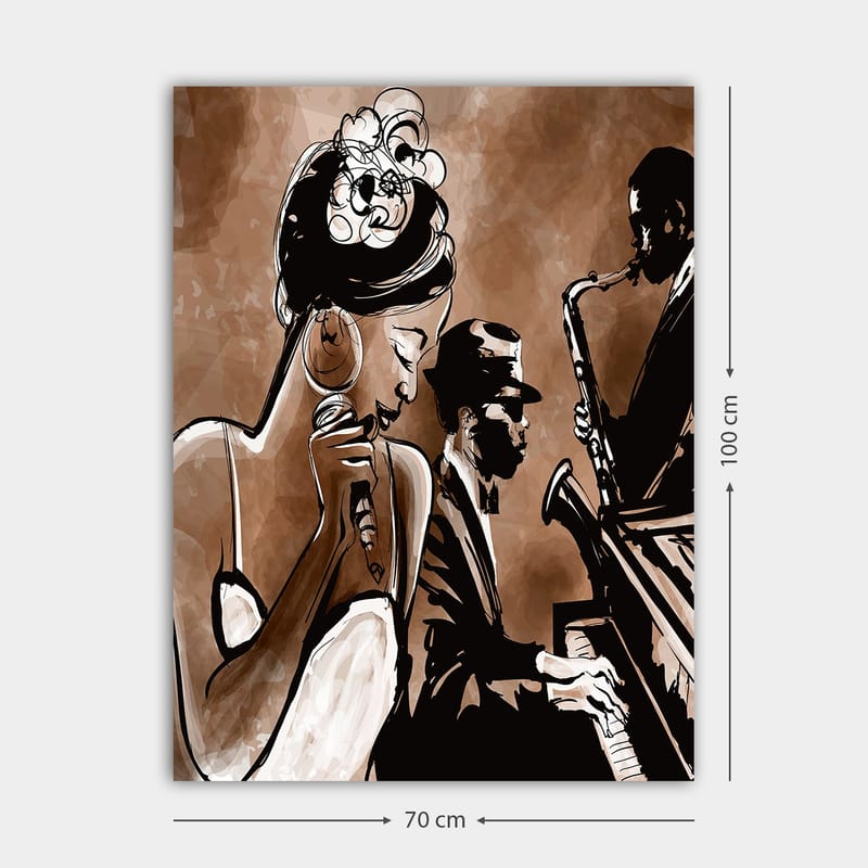 Canvastavla 70x100 cm - Jazzsångerska som framför en låt med musiker i bakgrunden - Brun / Svart / Vit - Inredning & dekor - Tavlor & konst - Canvastavla