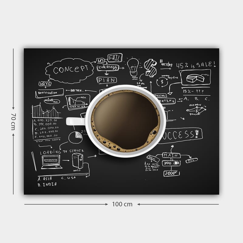 Canvastavla 70x100 cm - Kaffekopp med svart kaffe omgiven av handskrivna anteckningar och diagram som symboliserar affärsstrategi och kreativitet - Svart / Brun / Vit - Inredning & dekor - Tavlor & konst - Canvastavla