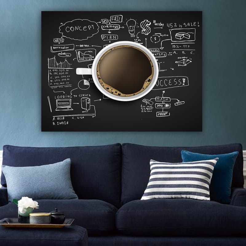 Canvastavla 70x100 cm - Kaffekopp med svart kaffe omgiven av handskrivna anteckningar och diagram som symboliserar affärsstrategi och kreativitet - Svart / Brun / Vit - Inredning & dekor - Tavlor & konst - Canvastavla
