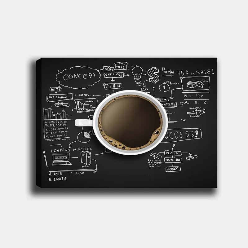 Canvastavla 70x100 cm - Kaffekopp med svart kaffe omgiven av handskrivna anteckningar och diagram som symboliserar affärsstrategi och kreativitet, Svart / Brun / Vit