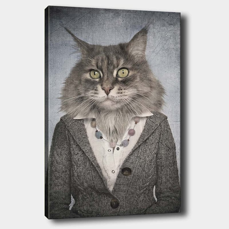 Canvastavla 70x100 cm - Katt med mänskliga drag klädd i en grå kavaj och en vit skjorta - Grå / Vit / Beige - Inredning & dekor - Tavlor & konst - Canvastavla