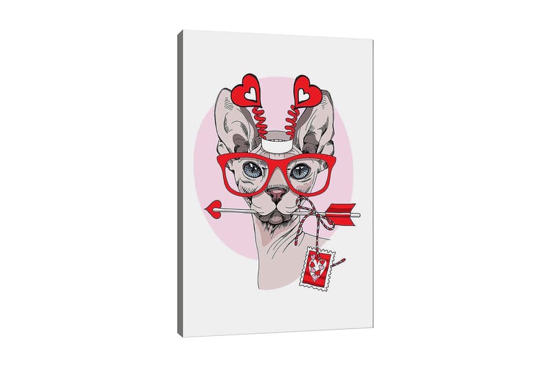 Canvastavla 70x100 cm - Katt med stora glasögon och hjärtformade detaljer, som håller en pil i munnen - Röd / Rosa / Grå - Inredning & dekor - Tavlor & konst - Canvastavla