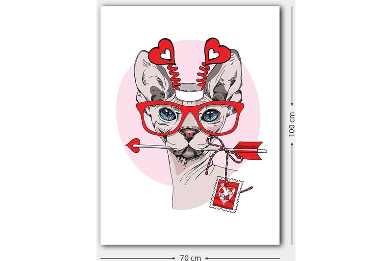 Canvastavla 70x100 cm - Katt med stora glasögon och hjärtformade detaljer, som håller en pil i munnen - Röd / Rosa / Grå - Inredning & dekor - Tavlor & konst - Canvastavla