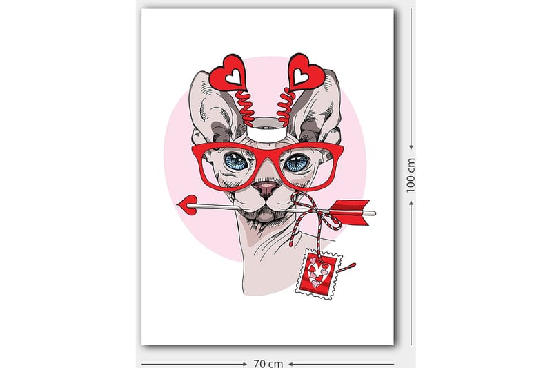 Canvastavla 70x100 cm - Katt med stora glasögon och hjärtformade detaljer, som håller en pil i munnen - Röd / Rosa / Grå - Inredning & dekor - Tavlor & konst - Canvastavla