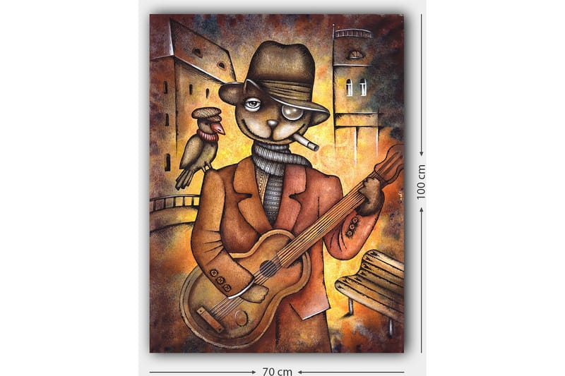 Canvastavla 70x100 cm - Kattklädd musiker spelar gitarr med en fågel på axeln i en stadsmiljö - Brun / Orange / Beige - Inredning & dekor - Tavlor & konst - Canvastavla