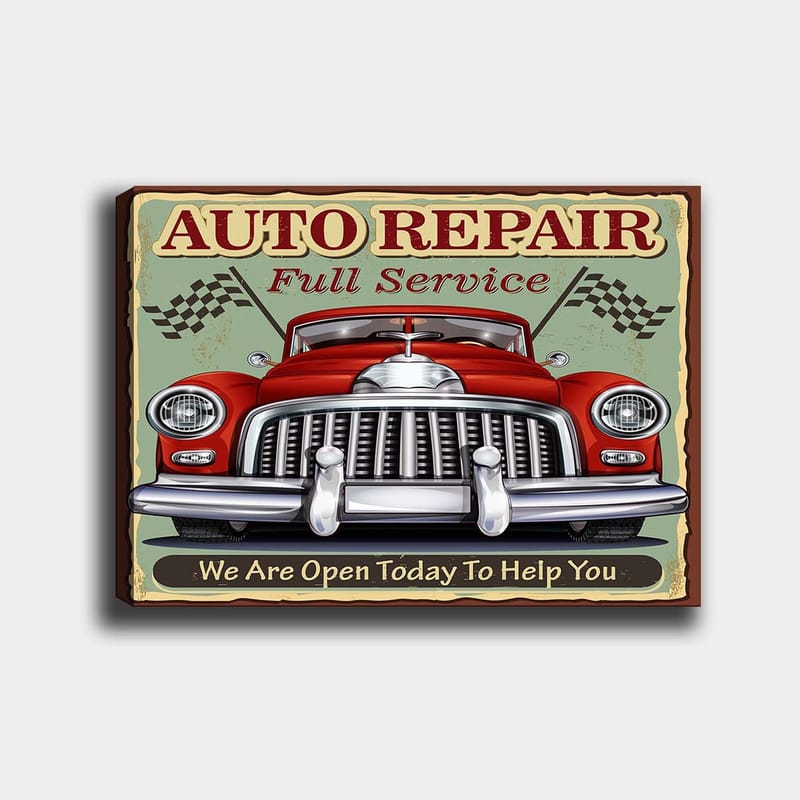 Canvastavla 70x100 cm - Klassisk röd bil med en kromad grill och racingflaggor i bakgrunden - Röd / Krom (silver) / Grön - Inredning & dekor - Tavlor & konst - Canvastavla