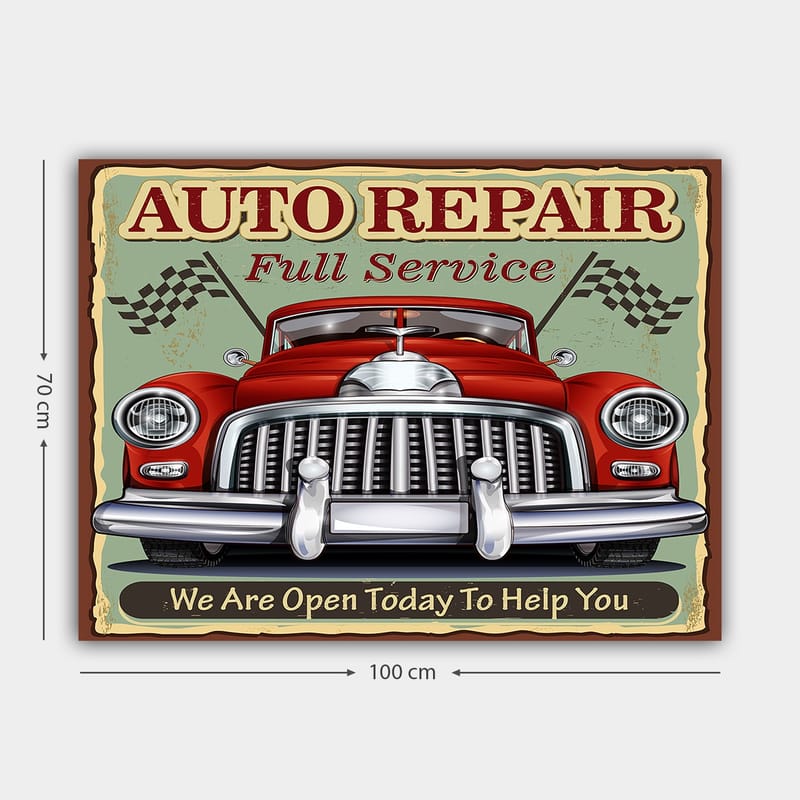 Canvastavla 70x100 cm - Klassisk röd bil med en kromad grill och racingflaggor i bakgrunden - Röd / Krom (silver) / Grön - Inredning & dekor - Tavlor & konst - Canvastavla