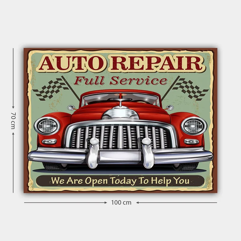 Canvastavla 70x100 cm - Klassisk röd bil med en kromad grill och racingflaggor i bakgrunden - Röd / Krom (silver) / Grön - Inredning & dekor - Tavlor & konst - Canvastavla