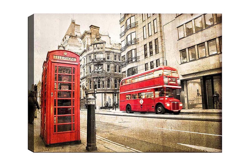 Canvastavla 70x100 cm - Klassisk röd telefonkiosk och en röd dubbeldäckare på en stadsgata - Röd / Grå - Inredning & dekor - Tavlor & konst - Canvastavla